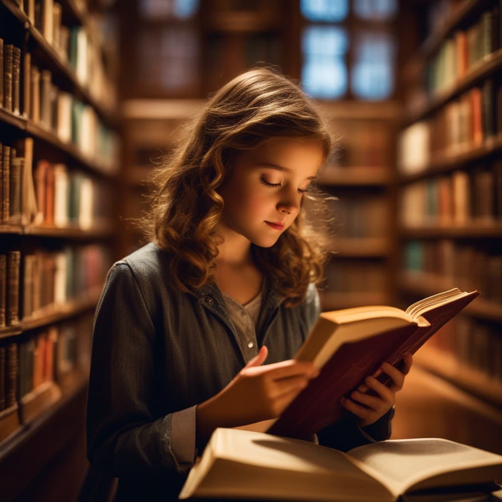 AI generated: Wisdom and wonder, a girl engrossed in reading amidst a library filled with antique books. The joy o...