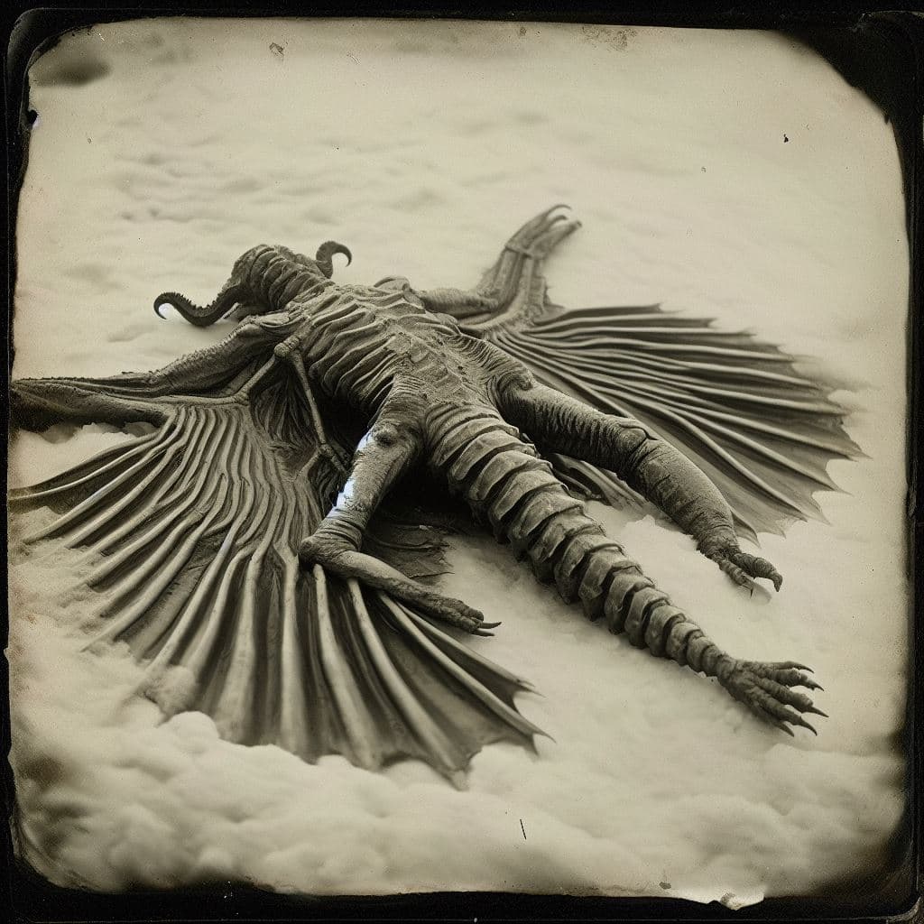 AI generated: tintype, square image, far away view, photograph of dead lovecraftian monster with Six-foot five-rid...