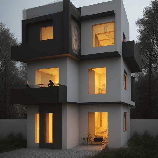 AI generated: house in the hell 2 floor, high-tech style, outdoor is the place of evils from the circles of hell, ...