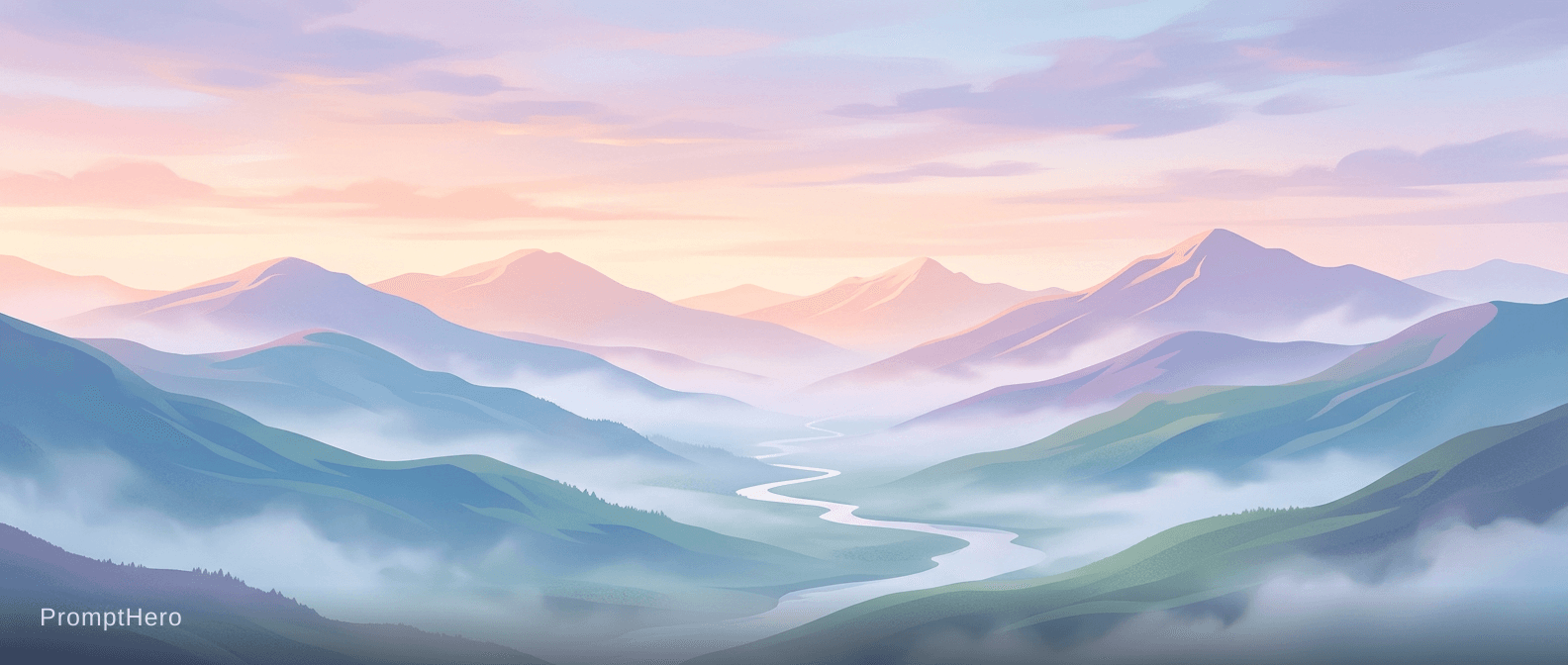 AI generated: minimalist mountain landscape, soft pastel colors, misty valleys, calm and peaceful
