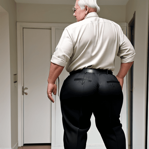 AI generated: Elderly man, big ass, dress pants, thick legs, chubby, feeling his own ass, no body deformities, NSF...