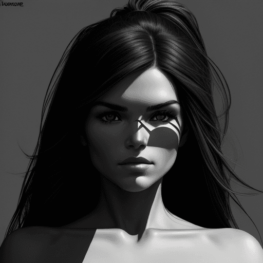 AI generated: a black and white photo of a woman Marie Avgeropoulos face with shadow., in the style of minimalist ...