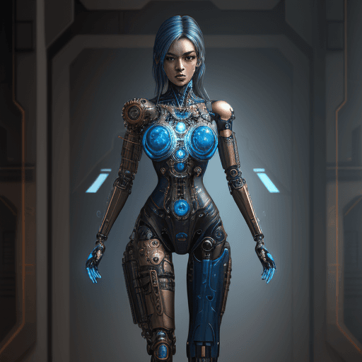AI generated: Full-body cyborg portrait with detailed, symmetric face. Steampunk and cyberpunk influences, bronze ...