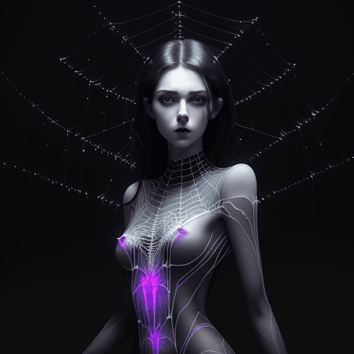AI generated: a stunning realistic photoshoot of young pale skin lady, webs intigrating into glow hair, spider and...