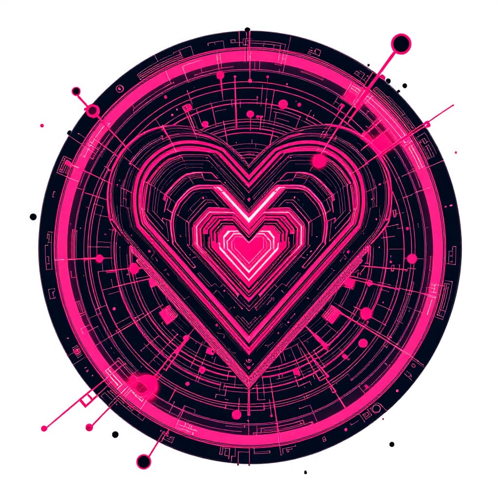 AI generated: A cyber punk unique heart emblem in a circle on a white  background