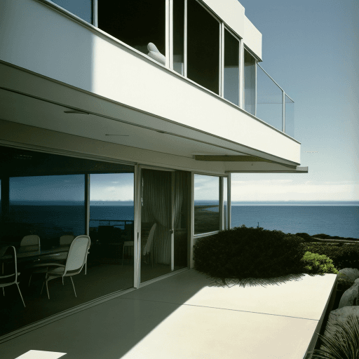 AI generated: Hyper realistic eye level exterior photo of a mid century modern style house overlooking the ocean, ...