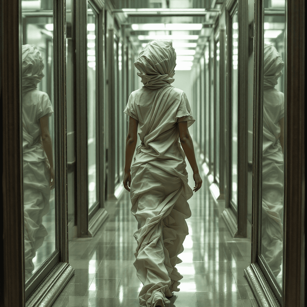 AI generated: A surreal image of a full-body woman walking through a hall of distorting mirrors. Her outfit is a s...