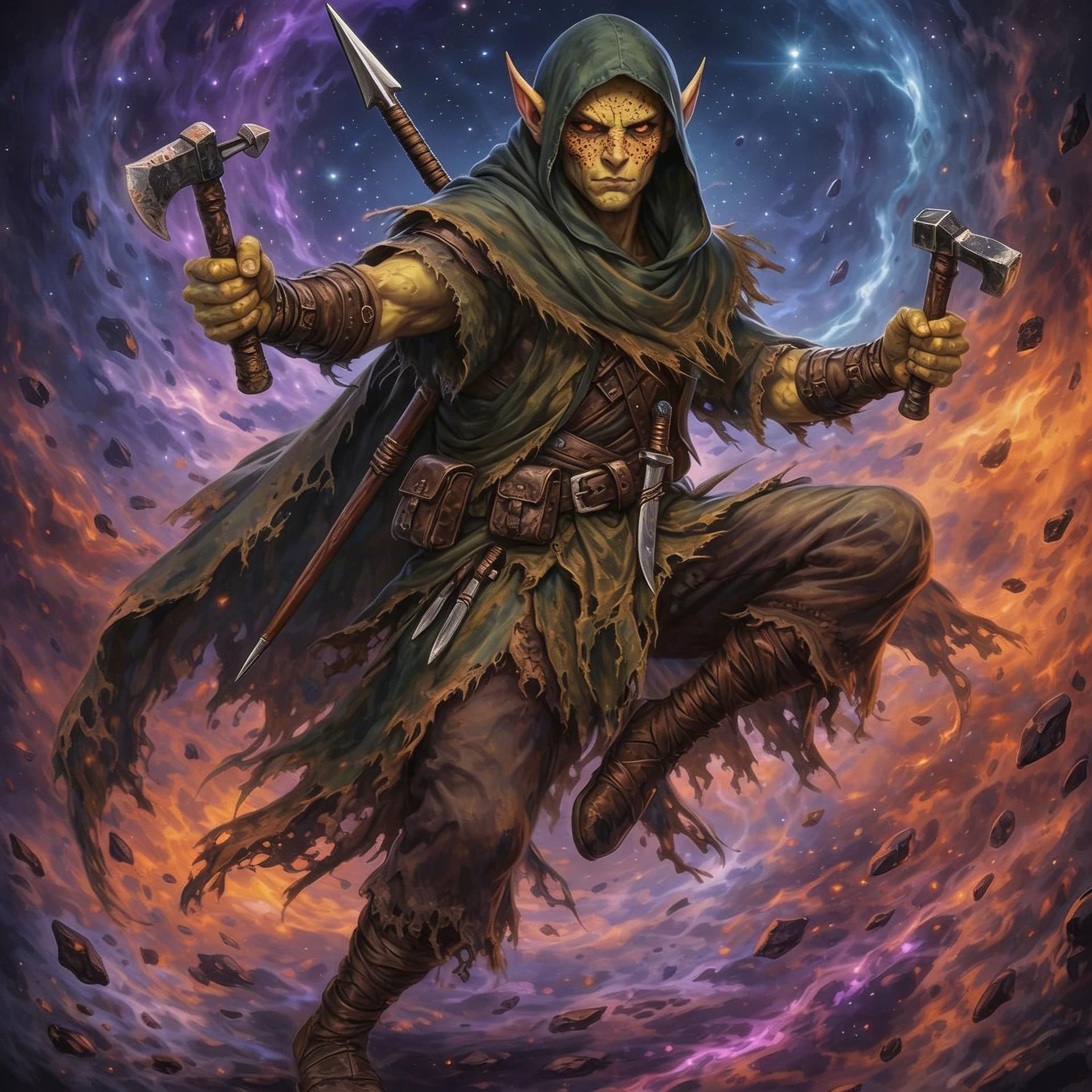AI generated: male githzerai ranger wearing green hooded  cloak and tattered robes with spear strapped on back and...