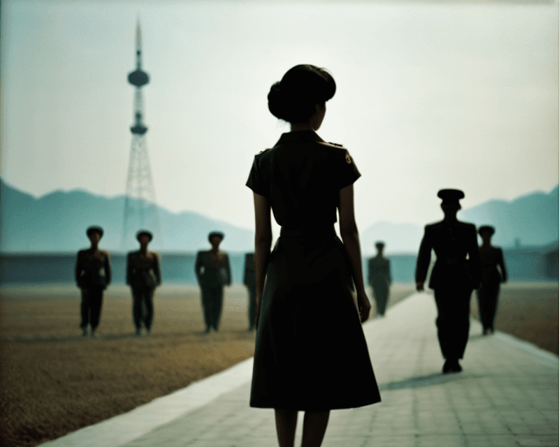 AI generated: AnalogRedmAF, blurry photo, silhouette of a slim slender fashion model, north korean army in the bac...