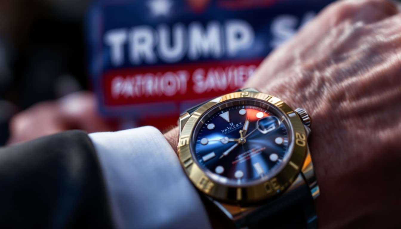 AI generated: Close-up of Elon Musk’s Rolex glinting, reflecting a campaign banner reading “Donald Trump: Patriot ...