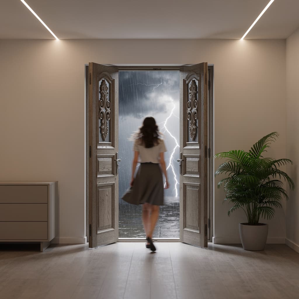 AI generated: Interior view of a minimalist home.
The camera is positioned inside the room, facing the entrance do...