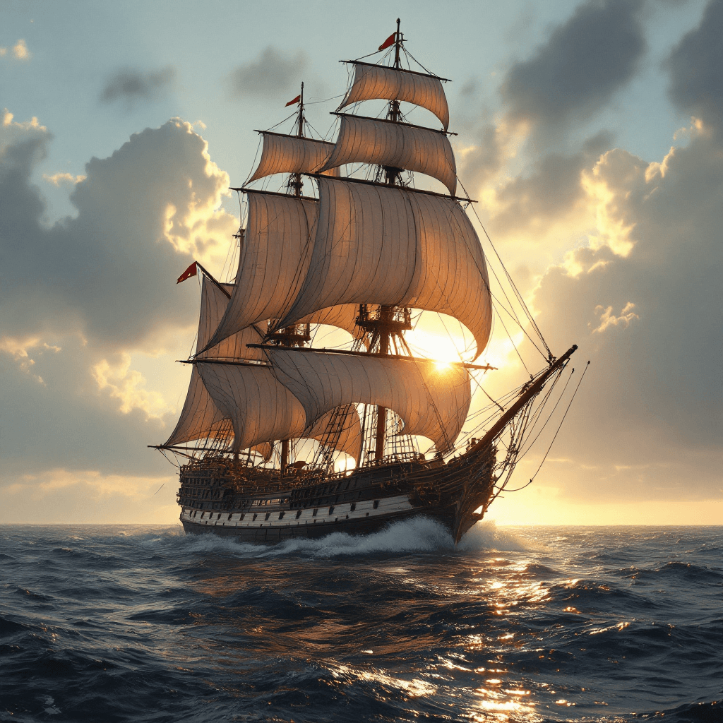 AI generated: Photo of a ultra realistic sailing ship, dramatic light, pale sunrise, cinematic lighting, battered,...