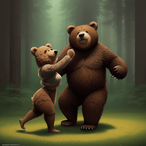 AI generated: a cartoon fluffy brown bear in the woods, dancing with a girl, concept art by Pixar, cgsociety, char...