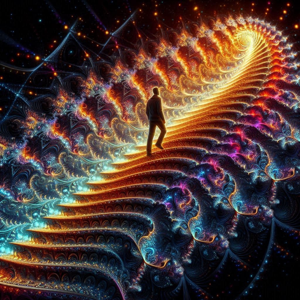 AI generated: A Mandelbrot man walking the Escher staircase, black background, made from the fractalius effect, in...