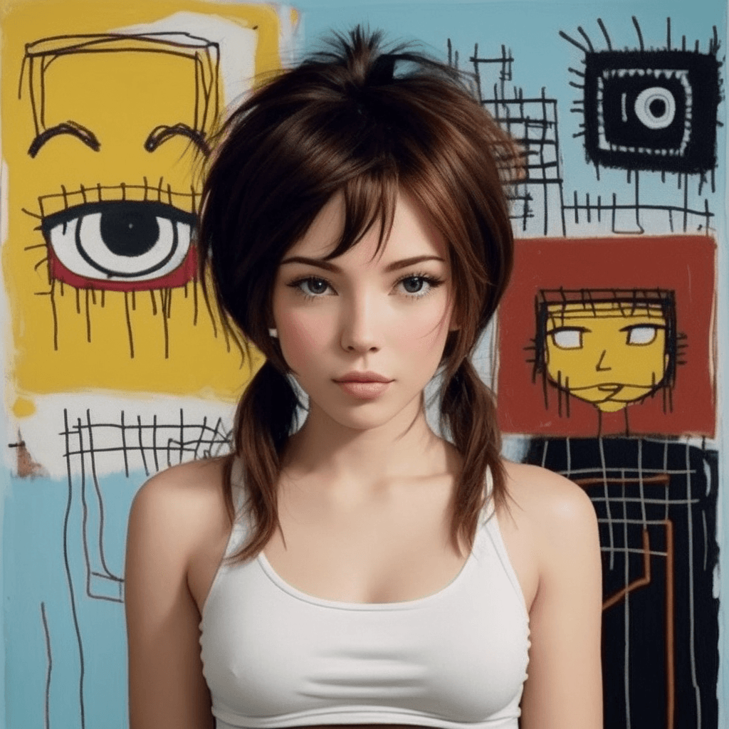 AI generated: by Jean Michel Basquiat,a cyborg girl, <lora:DI_belle_delphine_v1:1> BREAK Ronald McDonald