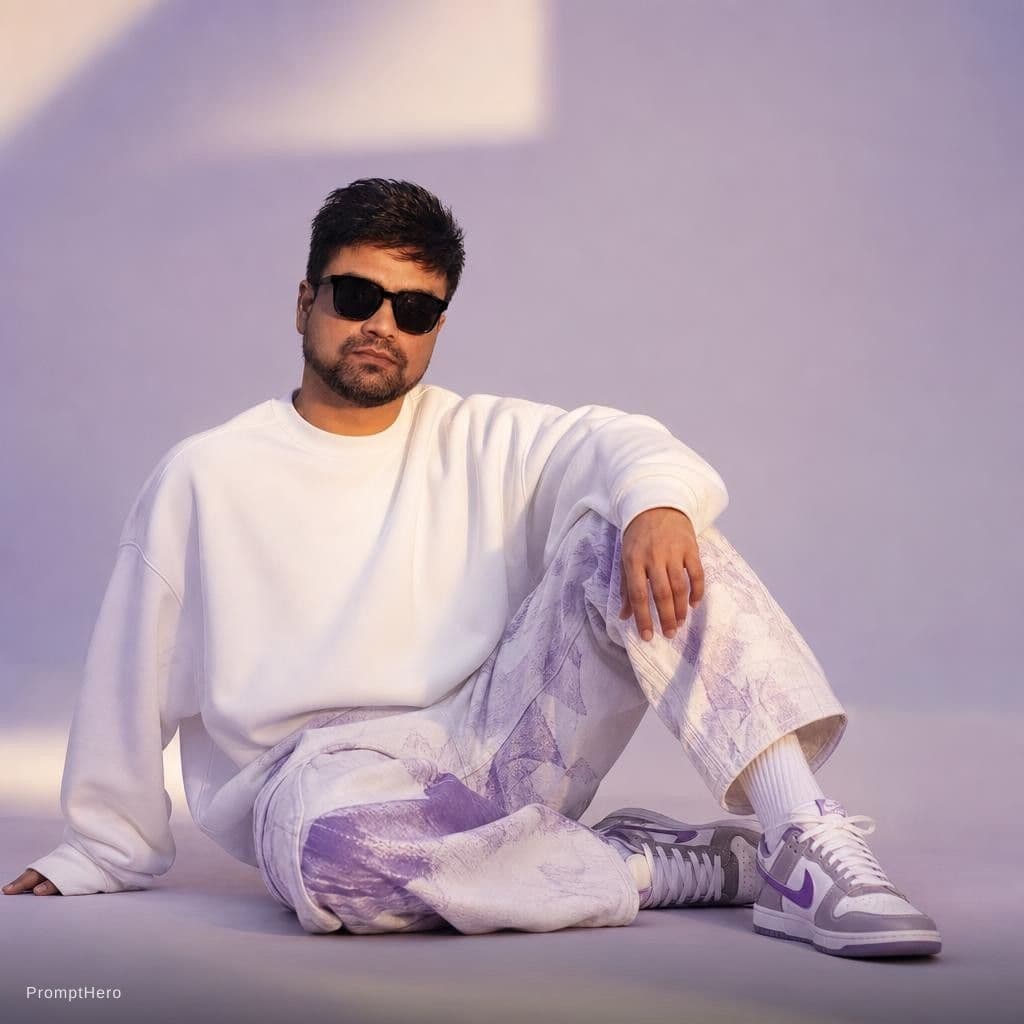 AI generated: Oversized white sweatshirt, white purple oversized combat jean, styled with footwear: white purple n...