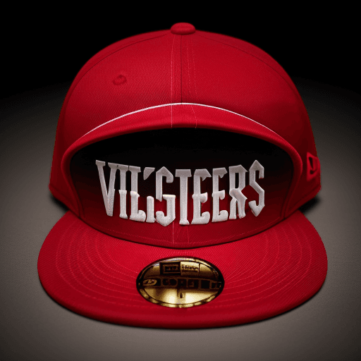 AI generated: High resolution apparel photography, red New Era baseball style cap, perfect lighting, puffy letteri...
