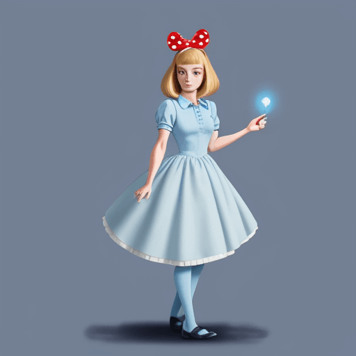 AI generated: alice from disney's alice in wonderland wearing a light blue polo shirt performing a curtsy 2d carto...