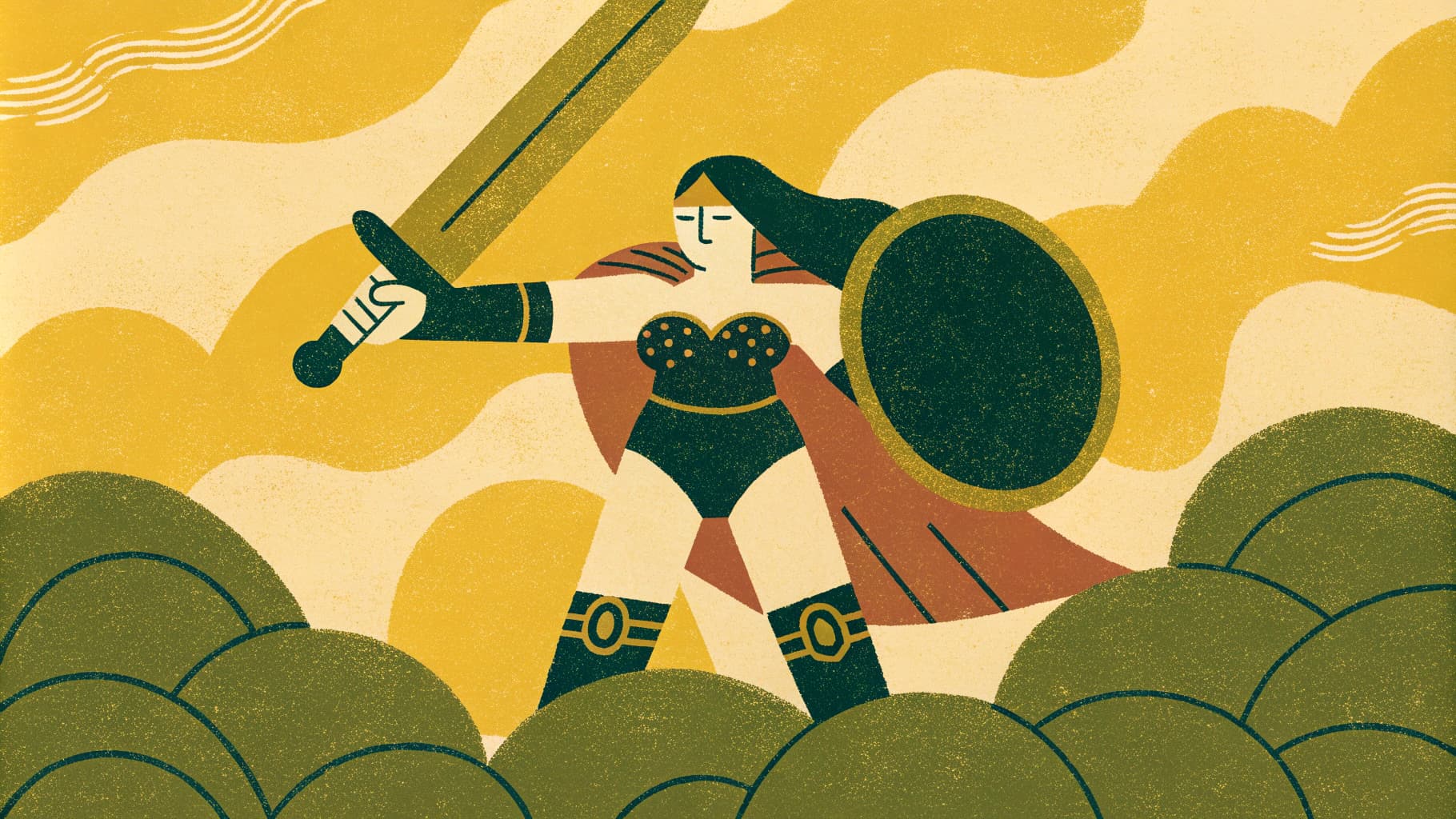 AI generated: A woman in a fantasy setting, dressed in armor and holding a sword and shield. She has long black ha...