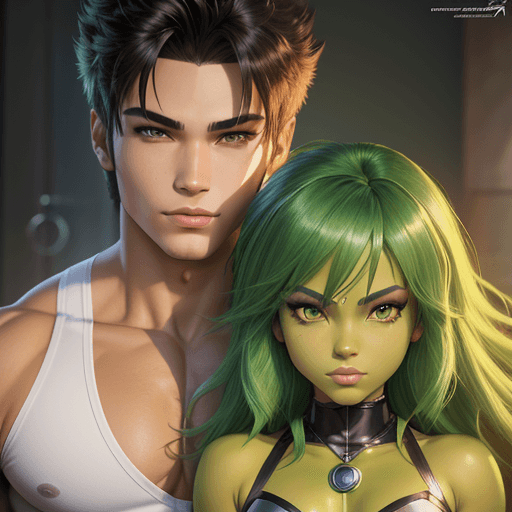 AI generated: Teen Titans Beast Girl character, Female anime eyes, green skin, artgerm, full figure, pencil illust...