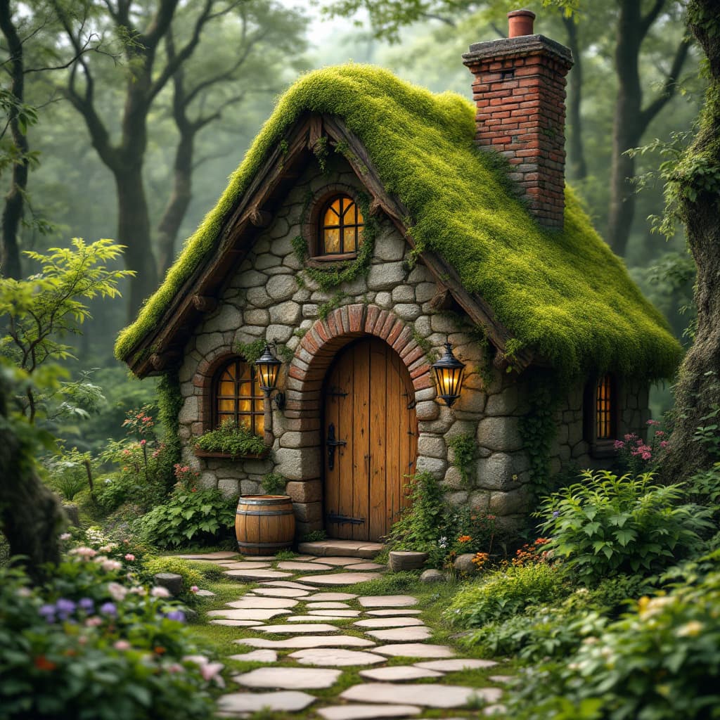 AI generated: A photo realistic, moss-covered stone cottage nestled in a lush green forest. The cottage features a...