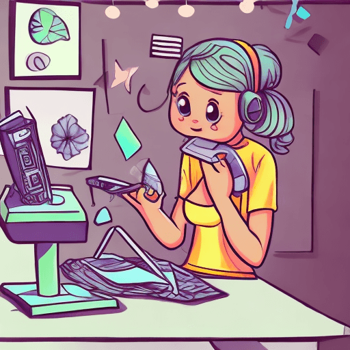 AI generated: a cartoon of a cute girl working whit her printer, digital art and colorful