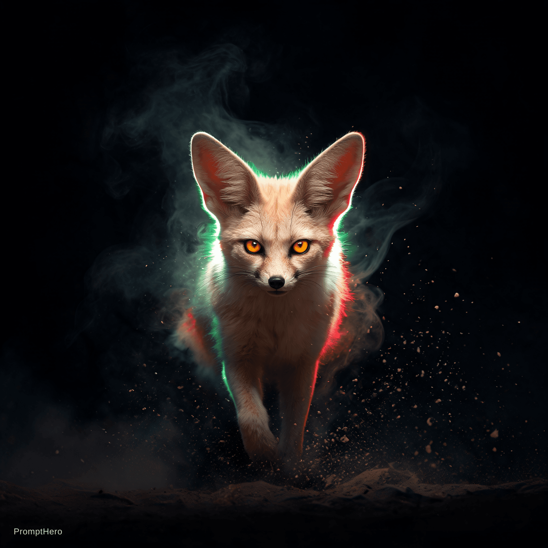 AI generated: An original cinematic mascot inspired by Algeria, a lone fennec fox emerging from deep black smoke, ...