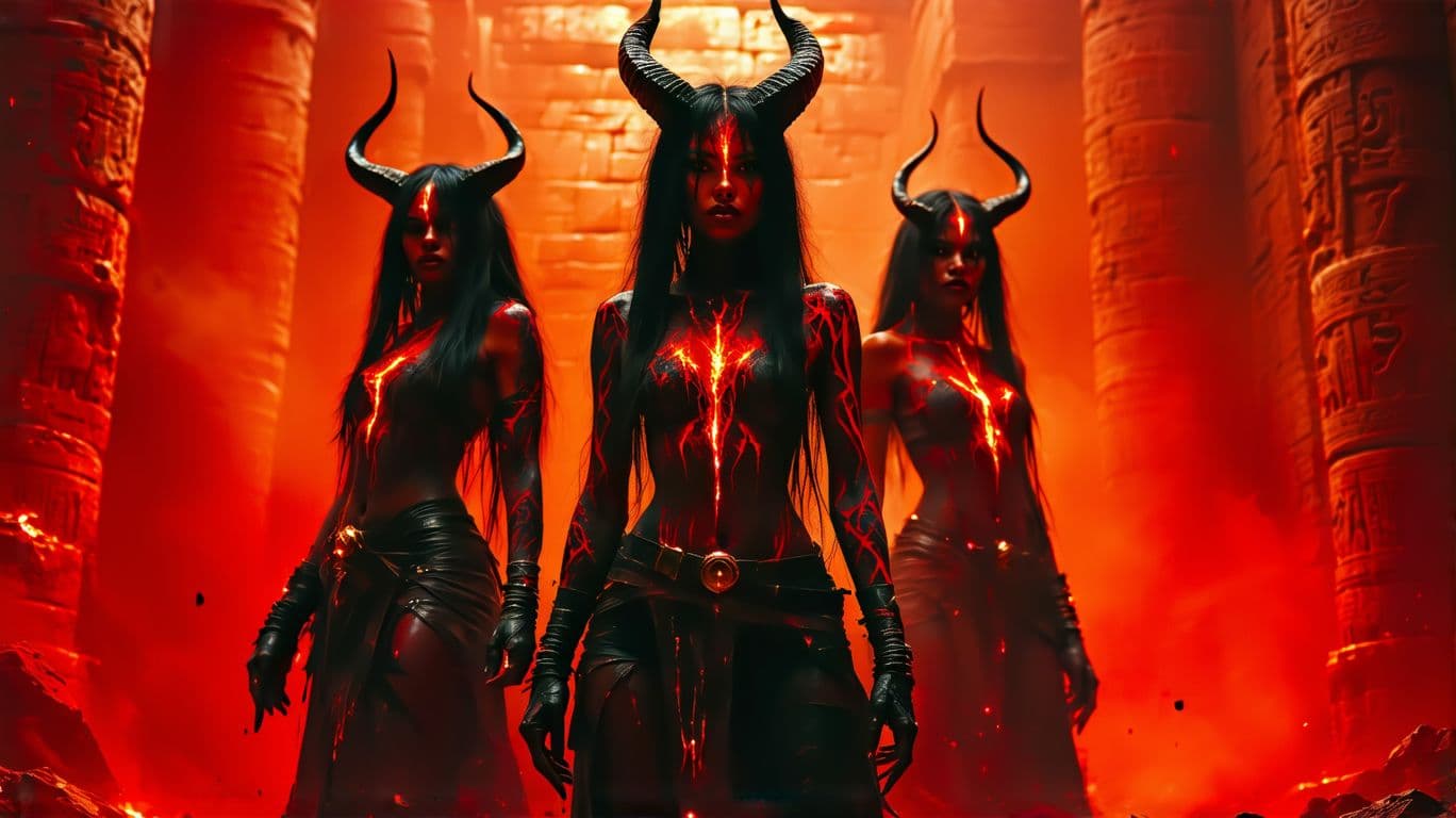 AI generated: Hyper realistic eye level Photo Rock music concert.  cinematic photo of three female demon character...