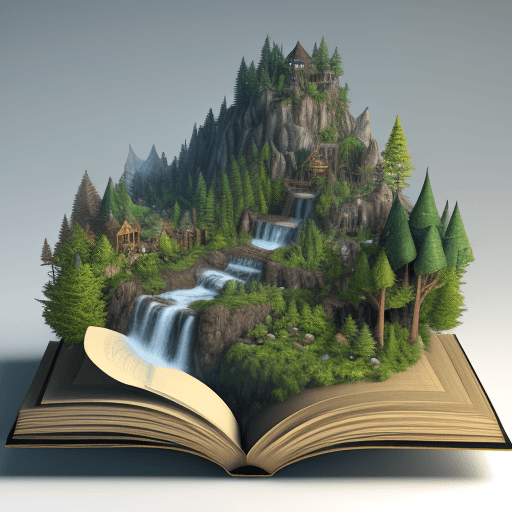 AI generated: Miniature enchanted forest, waterfall, and mountain on an open book as merged, 3D render,