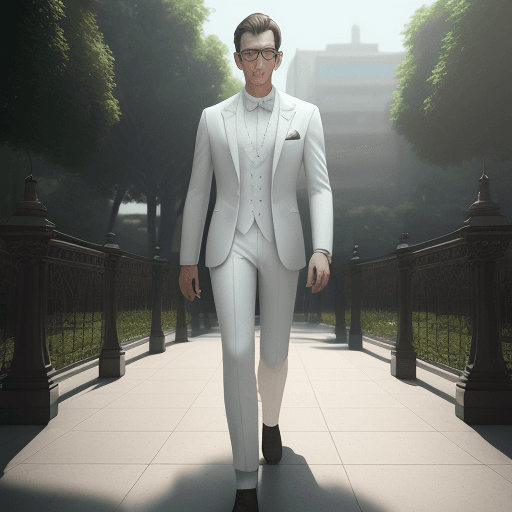 AI generated: young man in white suit,wearing branded glasses,walking,in summer park,outside the city,complex work...