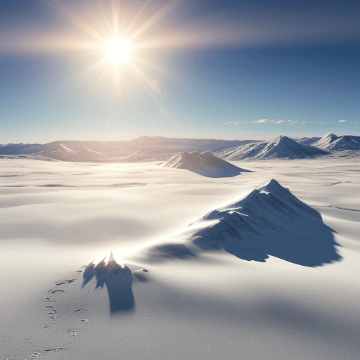 AI generated: Hyper realistic Snowy land with sun shining in the background