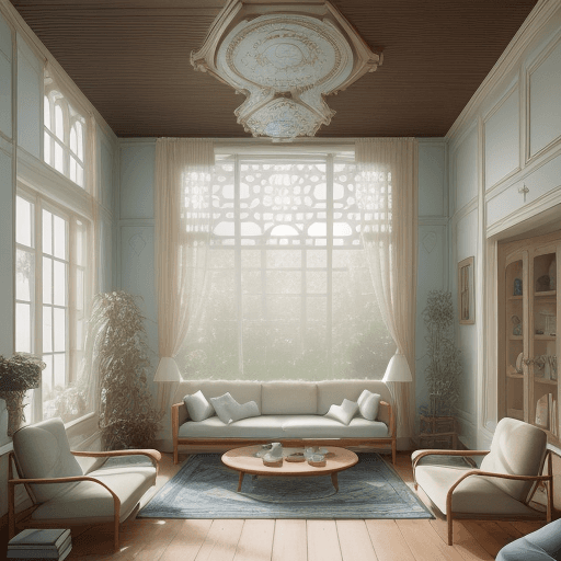 AI generated: High resolution photography interior design, dreamy sunken living room conversation pit, wooden floo...