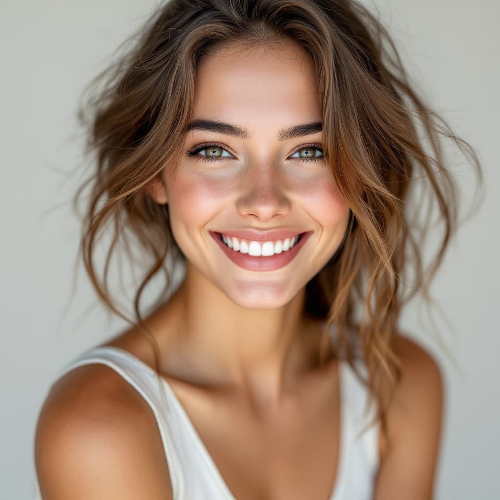 AI generated: photo of a beautiful young woman wearing a white tank top shirt, and smiling at the camera, photorea...