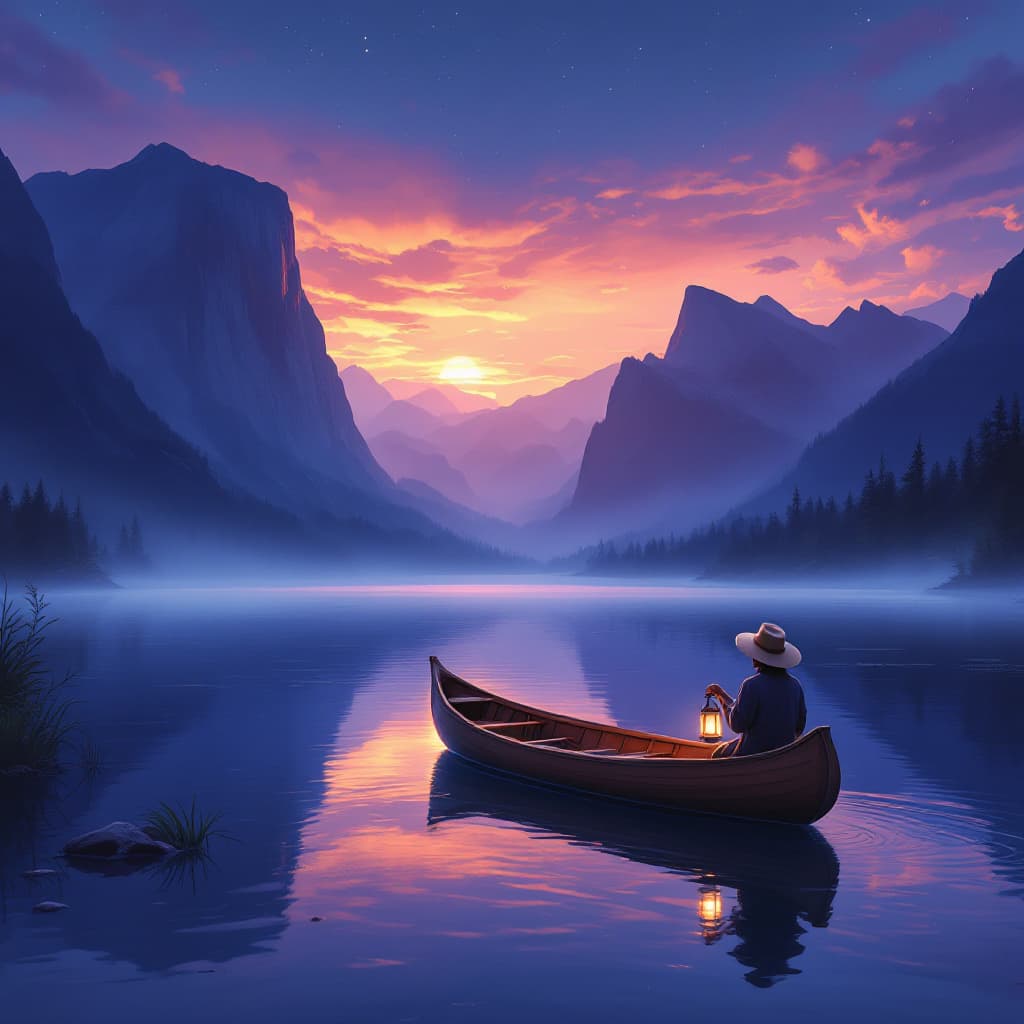 AI generated: Imagine a serene landscape at twilight, where a tranquil lake reflects a vivid sunset, surrounded by...
