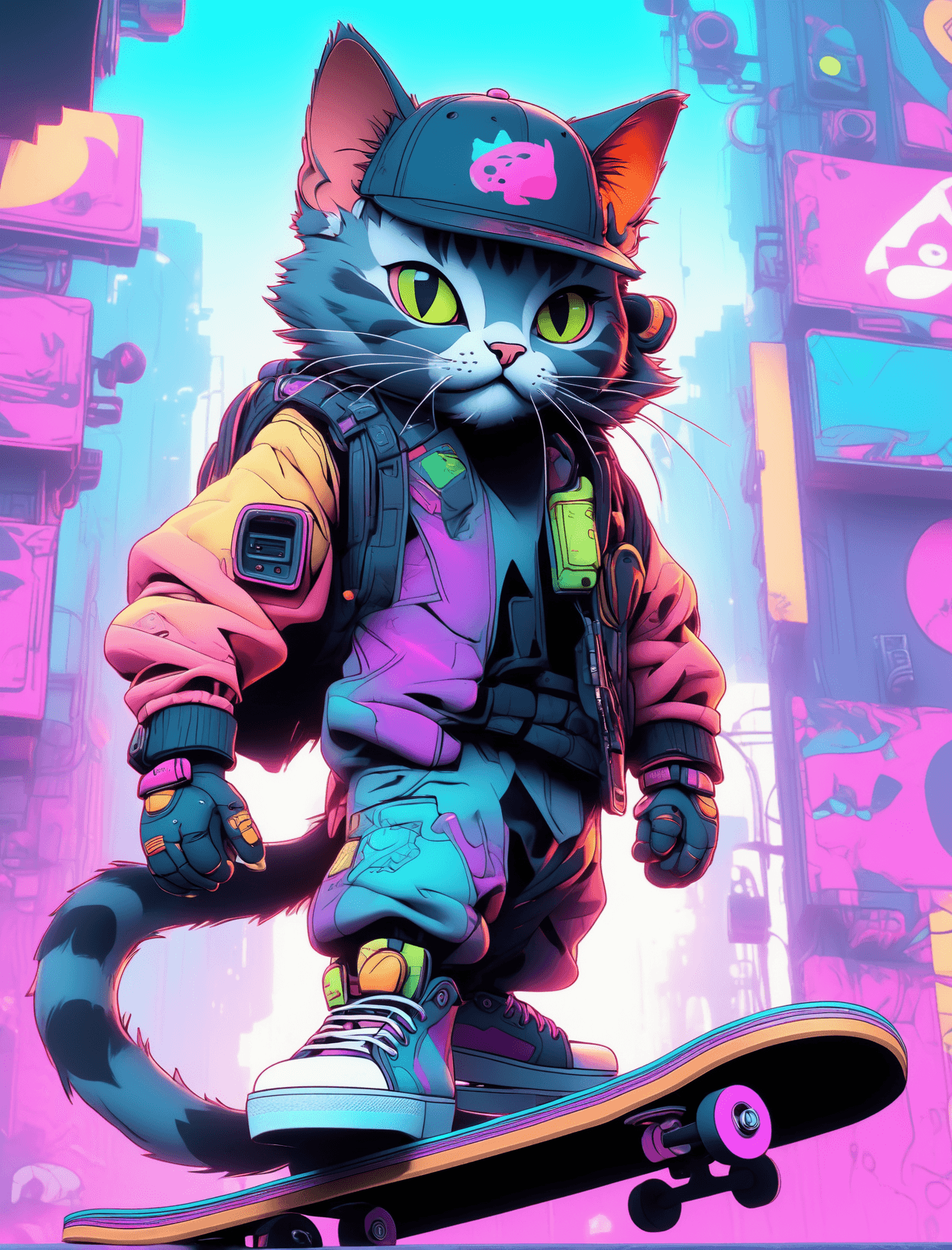 AI generated: Cyberpunk style, a cat standing on a skateboard, wearing a backwards baseball cap and holding a boom...