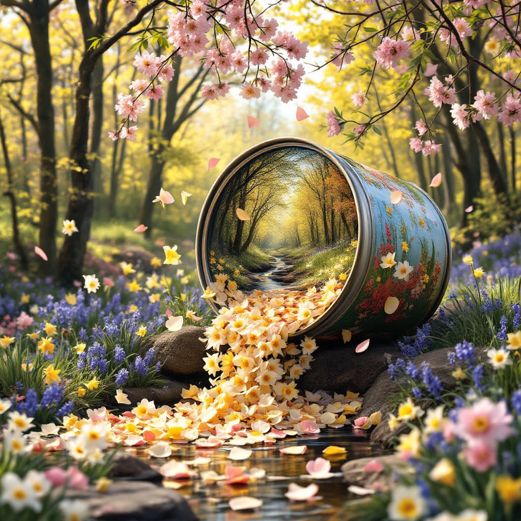 AI generated: A vibrant spring scene emerges from a tilted can, with blossoms and spring flowers, a serene stream ...