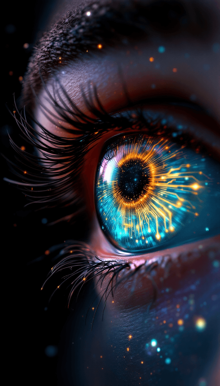 AI generated: An intensely focused image of a human eye, the iris filled with an expanse of stardust, nebulae, and...