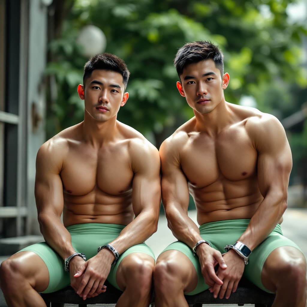 AI generated: Two male handsome Chinese criminals strong  wearing compressive cycling shorts in light green color ...