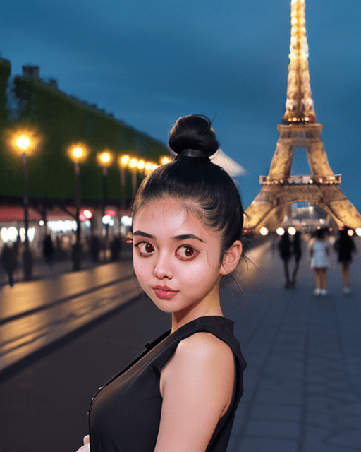 AI generated: girl, happy, high topknot, best brown girl hair, paris, eiffel tower, 8:00 pm, vacation, tourist out...