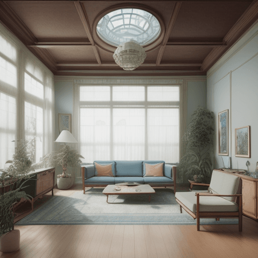 AI generated: High resolution photography interior design, dreamy sunken living room conversation pit, wooden floo...
