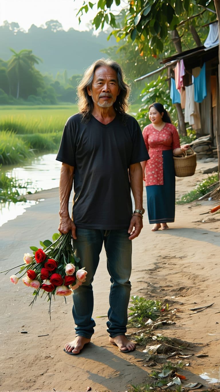 AI generated: full body view of a 50-year-old Indonesian man with long, messy wavy hair wearing black t-shirt and ...
