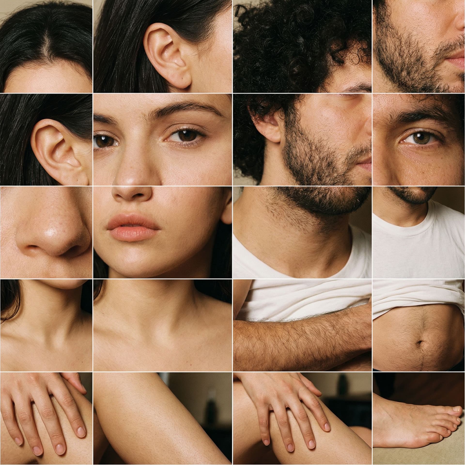AI generated: macro photos of both Selena and Benny.. hair, hairline, ears, eyes, nose, mouth, neck, chest, her br...