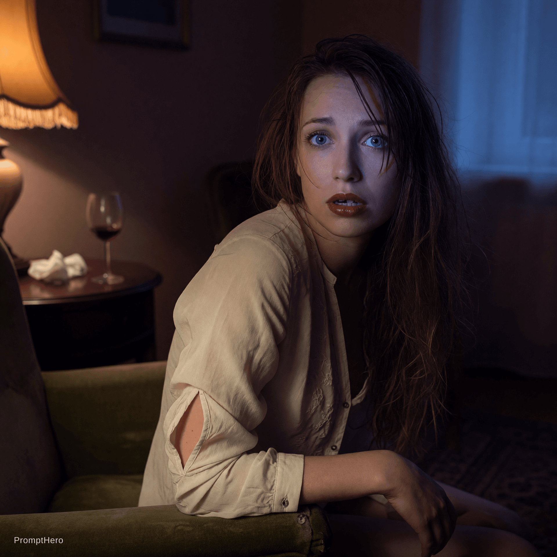 AI generated: We see an intimate scene in someone's dimly lit living room at night â perhaps early evening, bath...