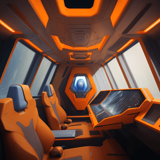 AI generated: general view of the interior of a spaceship with some windows to observe, planet mars outside, insid...