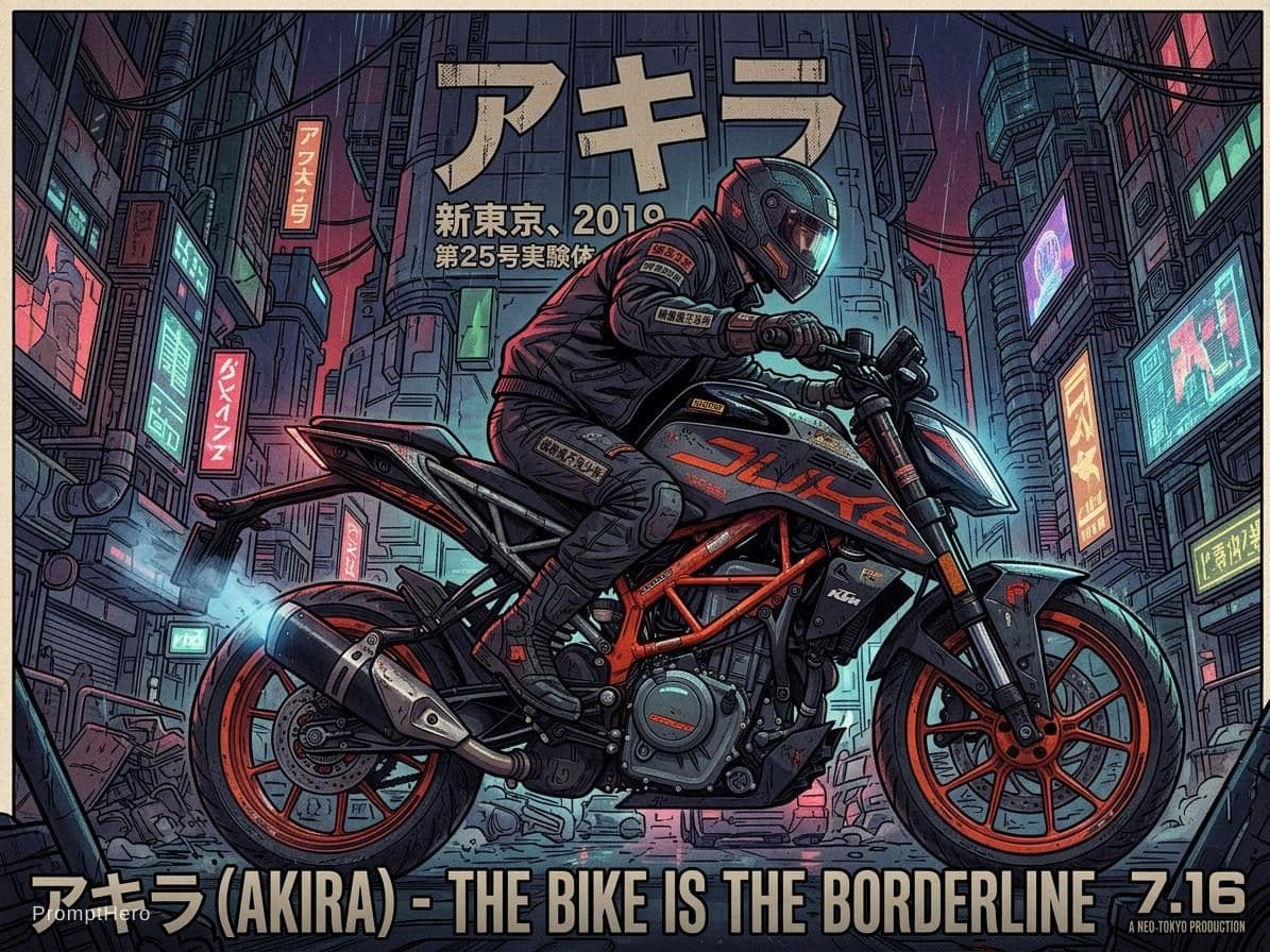 AI generated: anime poster of a man riding a motorcycle in the city, style of akira motion movie, akira art style,...