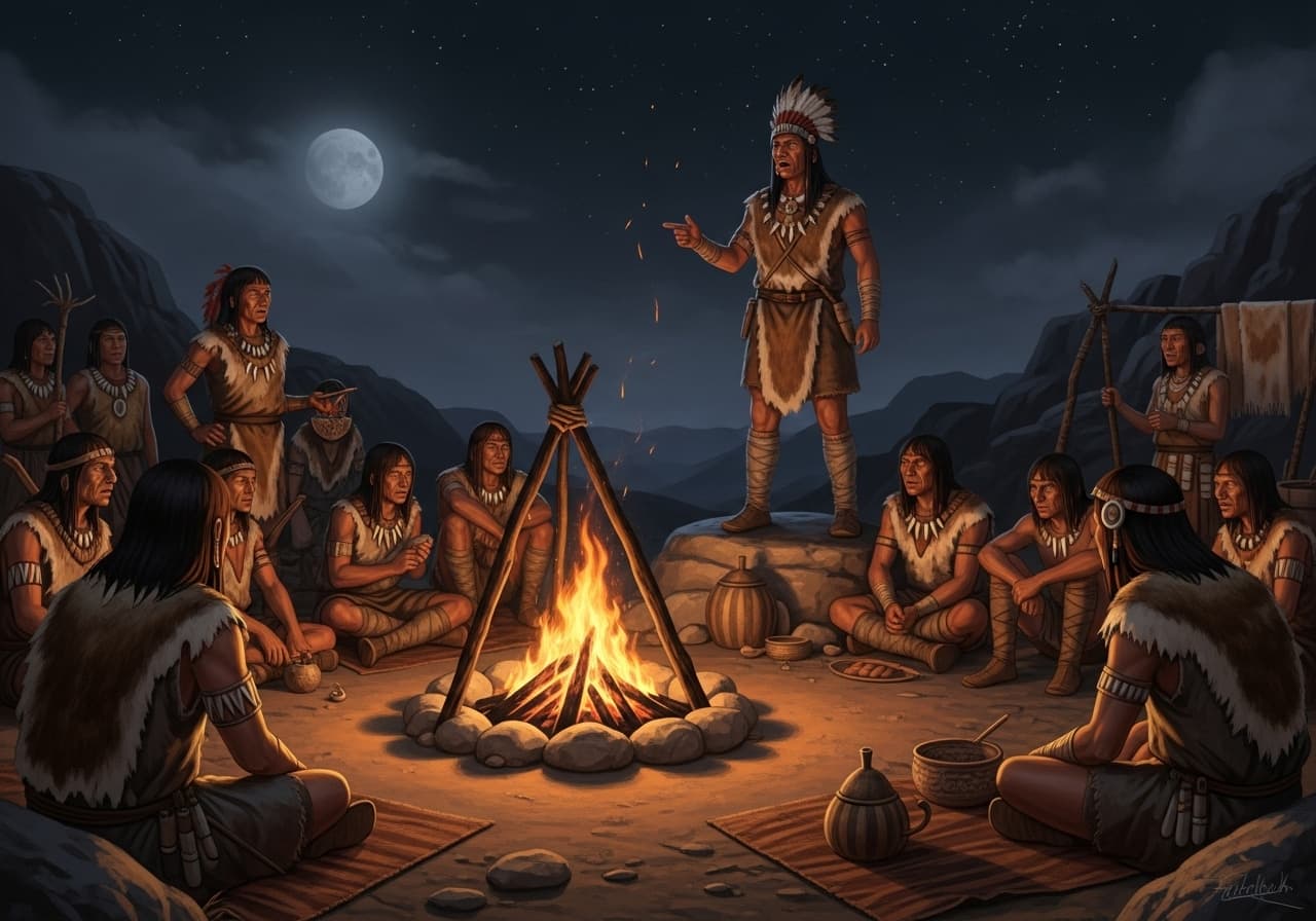 AI generated: a tribe of ancient people around a fire. the leader stands and speaks to everyone. it's night all ar...