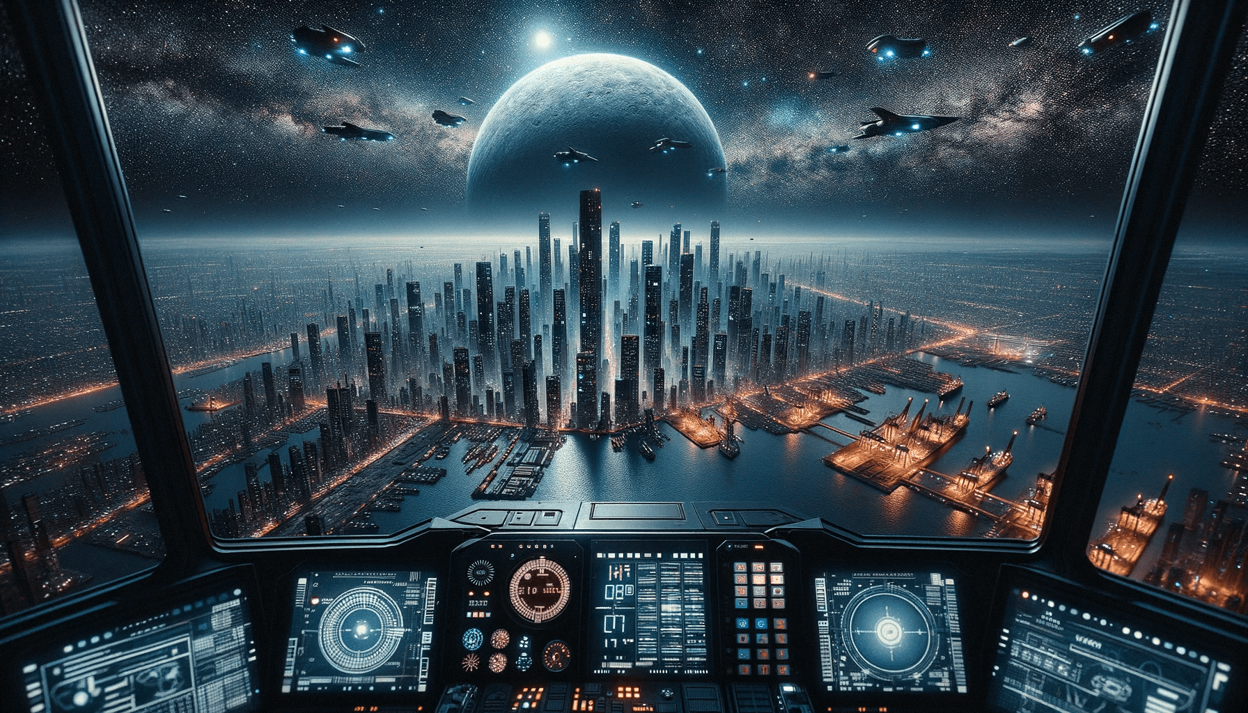 AI generated: Photo: A hyper-realistic view from the cockpit of a futuristic spacecraft. The vantage point is at s...