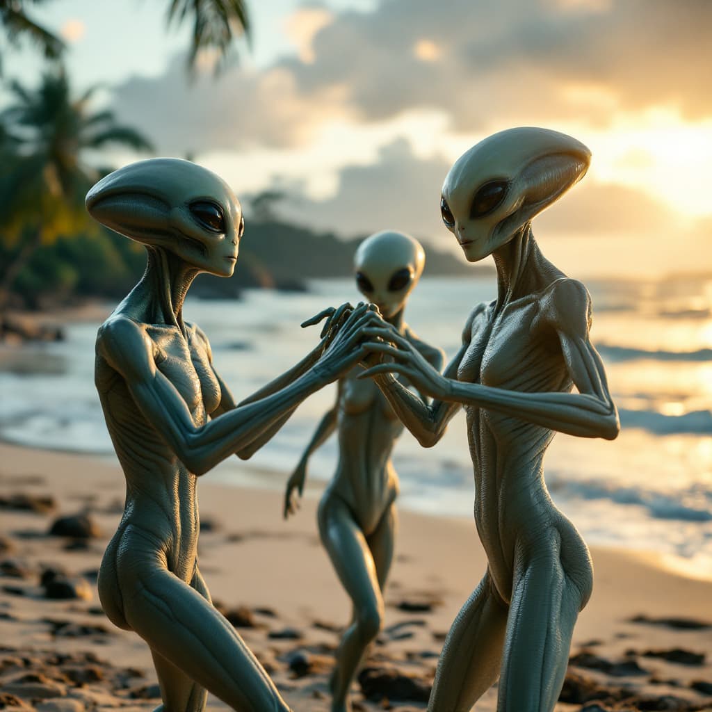AI generated: “Video of three extremely realistic and highly detailed aliens dancing the Macarena on a beach in Co...