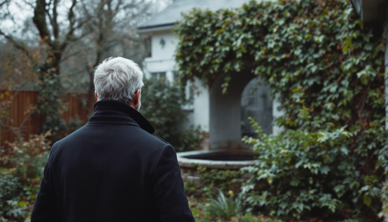 AI generated:  high definition camera shot from behind  - a man wearing black coat and viewing a well partially hi...
