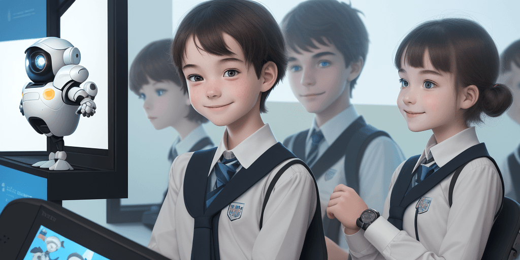 AI generated: two human boy and girl students, detail face, smile, wearing school uniforms, learning with a small ...